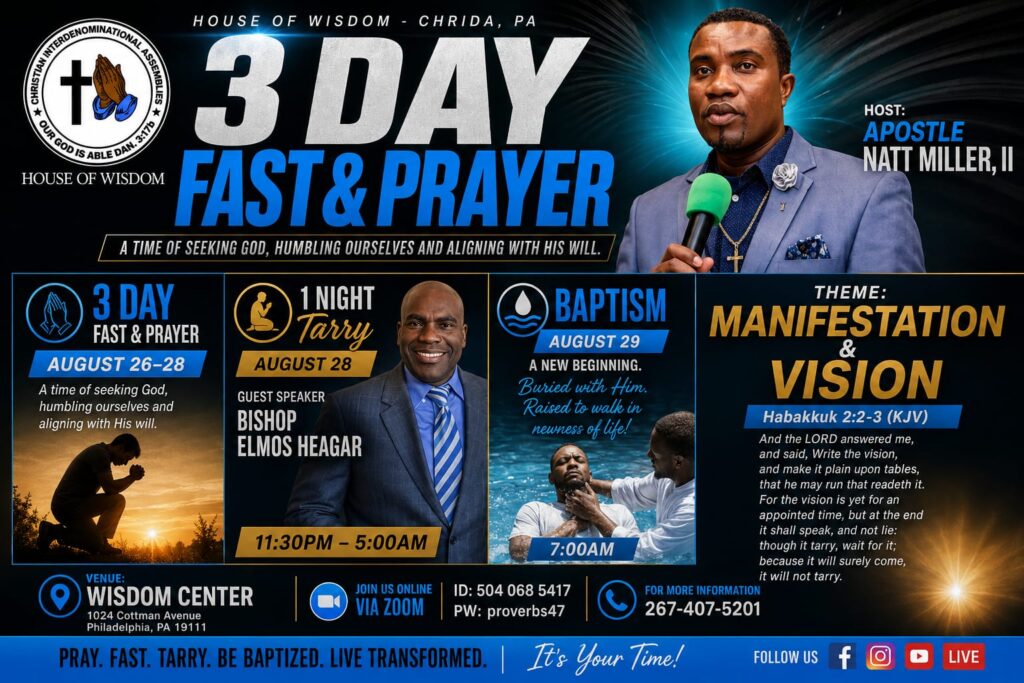 Three-Day Fast and Prayer, Tarry Night and Baptism, August 26 through 29, 2026